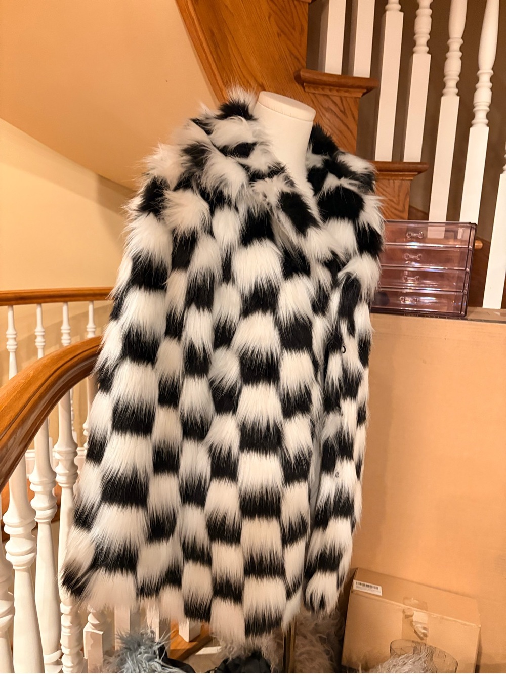 NWT Current Mood Oversized Long Checkered Recipe For Disaster Faux Fur Coat - Picture 4 of 6
